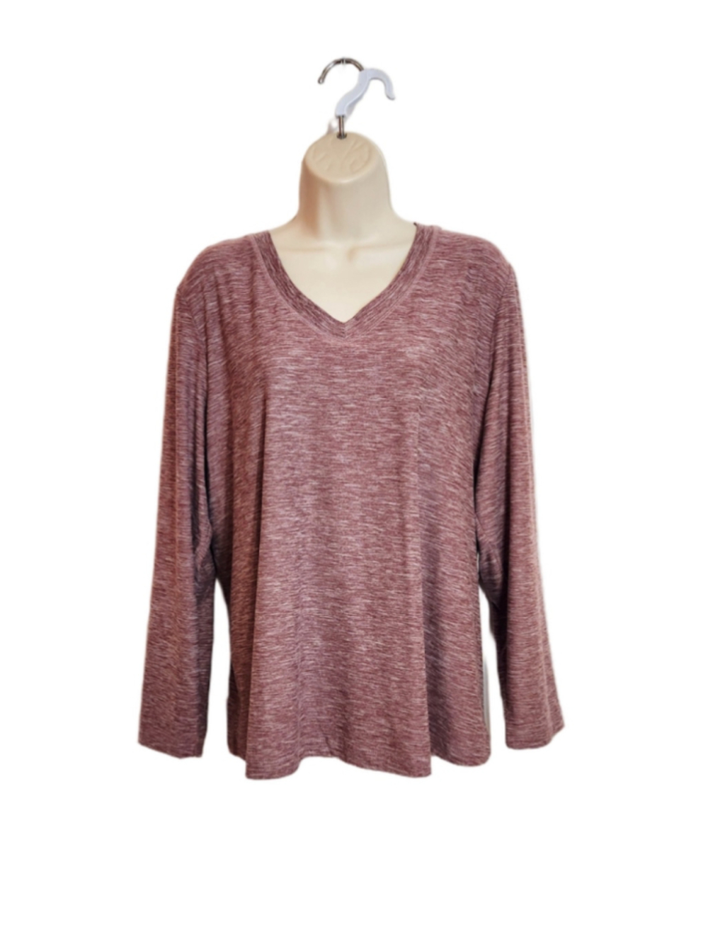 Ebb & Flow Long Sleeve V-Neck Heathered Athletic Top Tee Burgundy White Plus 2X